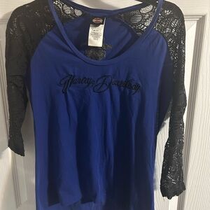 Harley-Davidson Royal Blue Scoop Neck Top with Black Lace Sleeves